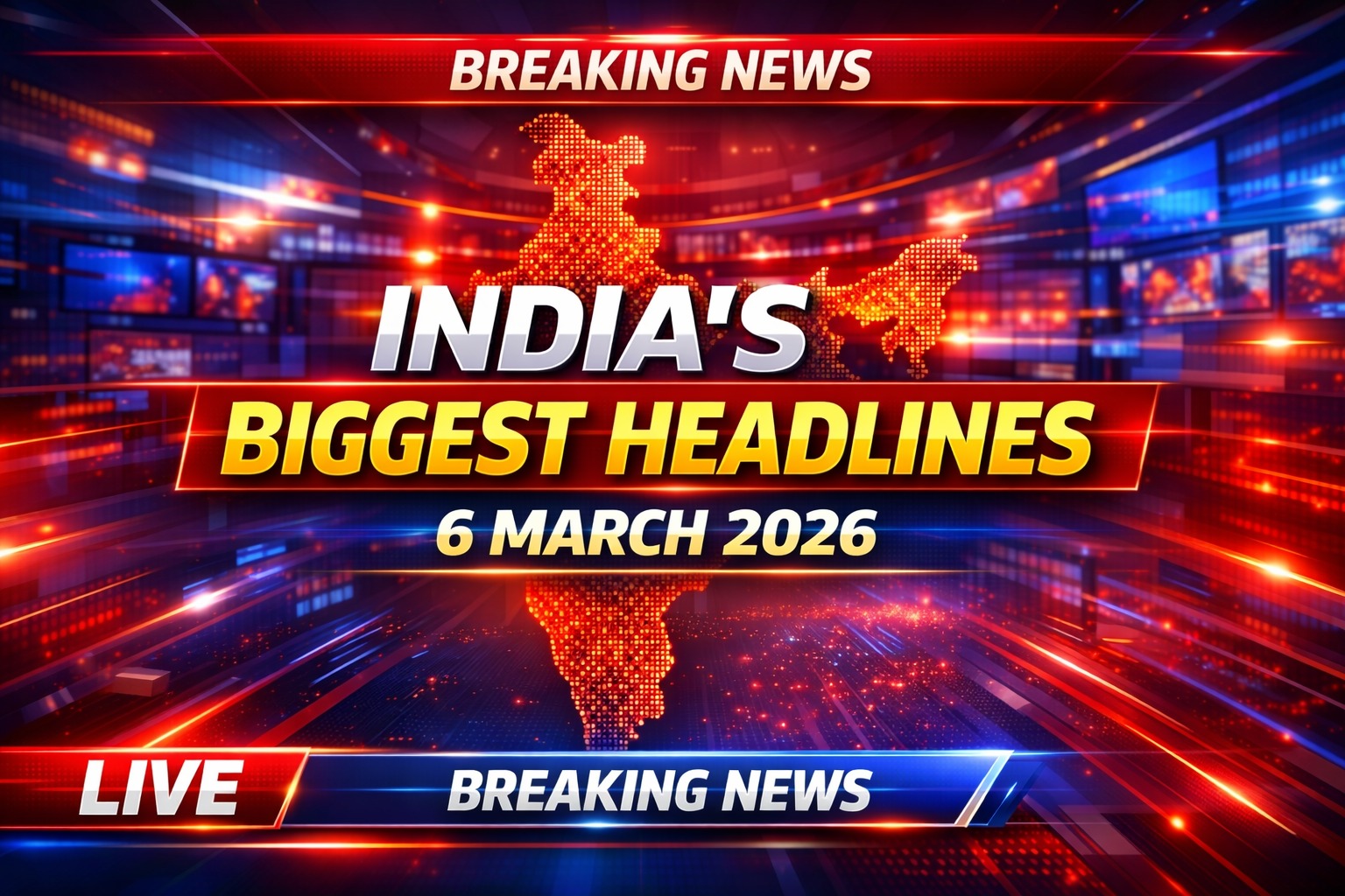 Top 20 breaking news headlines in India today 6 March 2026 covering economy politics sports and weather